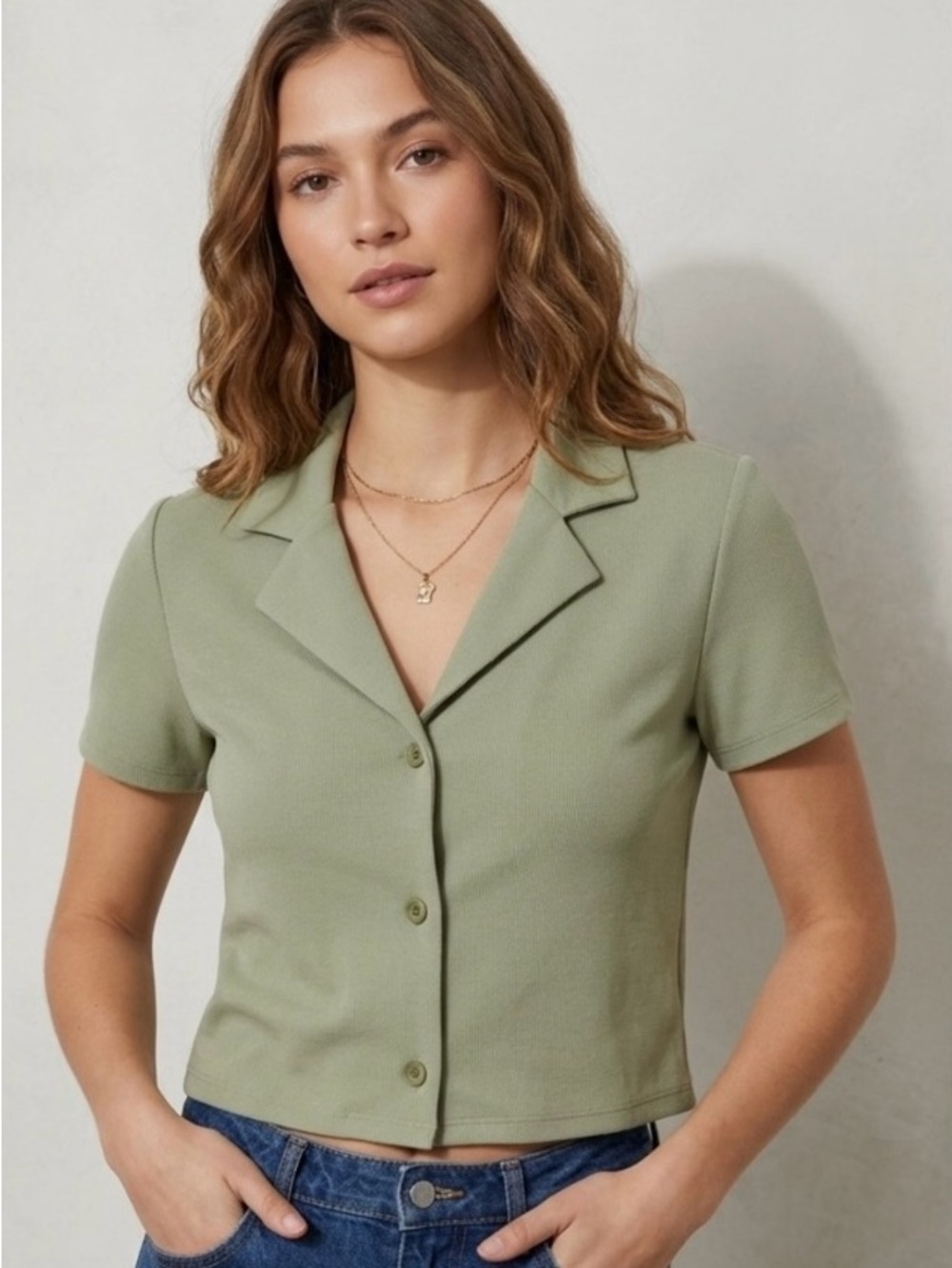 Oak + Fort Olive Short-Sleeve Button Front Top - Women - Picture 1 of 6